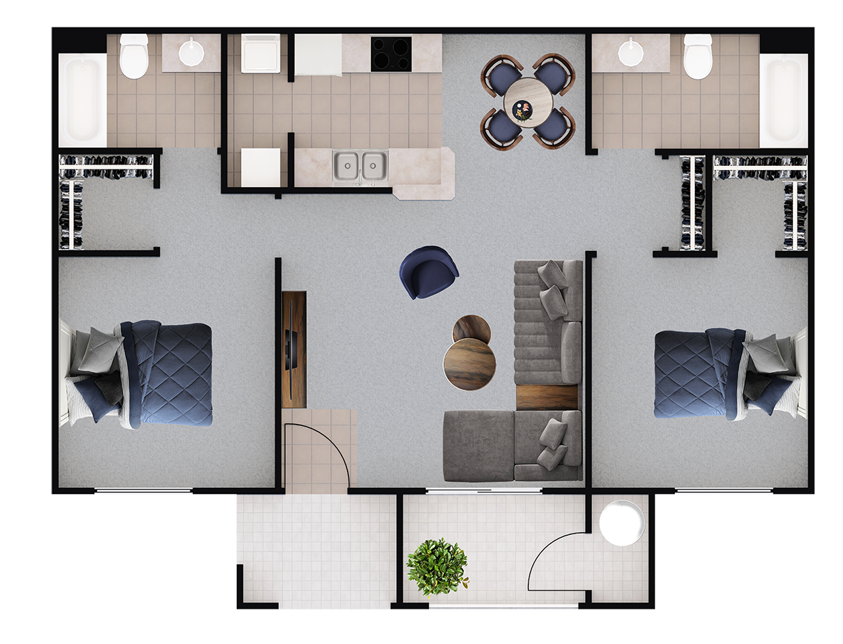 Floor plan for 2 beds, 2 baths, 991 sqft